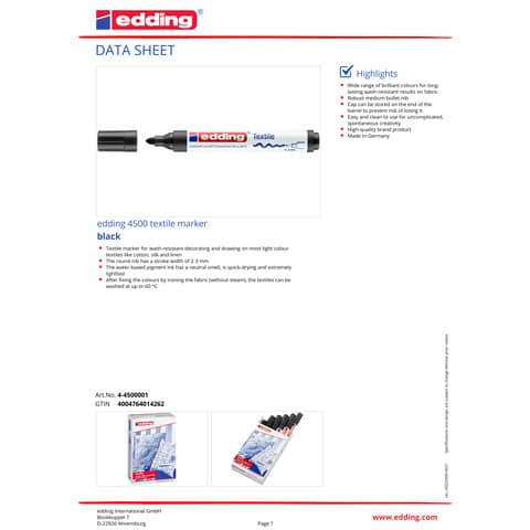 Marcatore per tessuti edding 4500 punta conica 2-3 mm nero E-4500 001